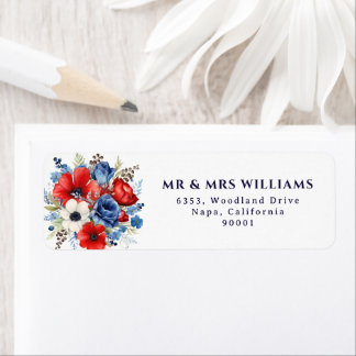 Waterverf Rood Blauw Bloemboeket Patriottisch  Etiket