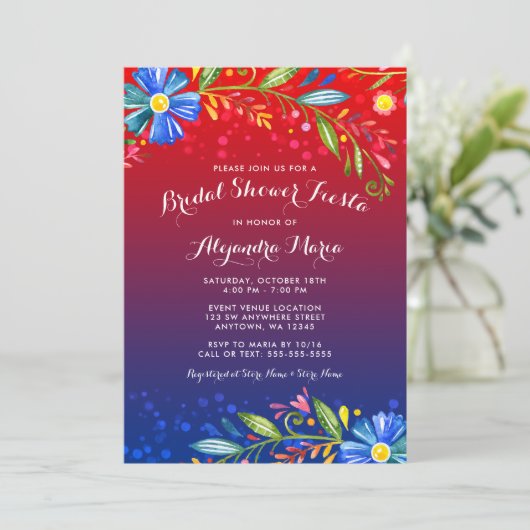 Waterverf Rood Blauw Bloemen Fiesta Vrijgezellenfe Kaart (Staand voorkant)