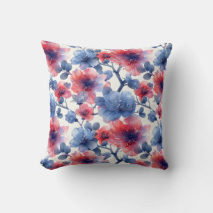 Waterverf rood, blauw bloempje op een wit kussen