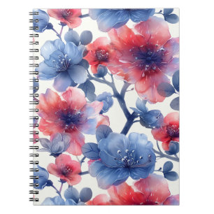 Waterverf rood, blauw bloempje op een wit notitieboek
