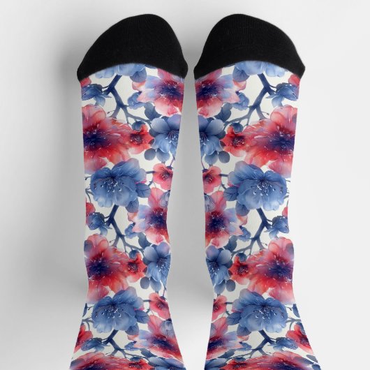 Waterverf rood, blauw bloempje op een wit sokken (Top)