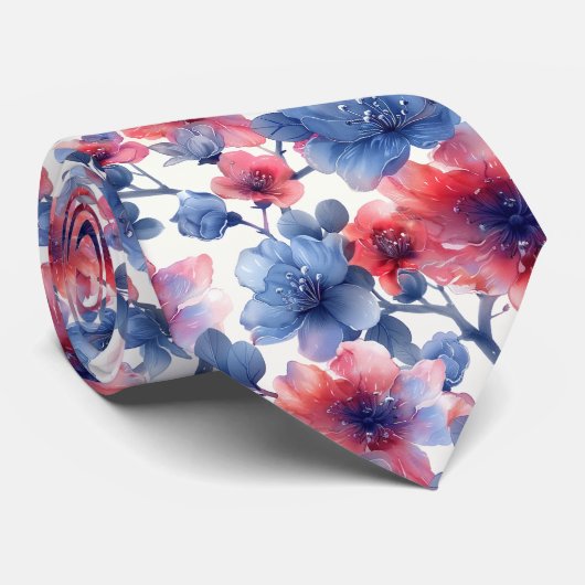 Waterverf rood, blauw bloempje op een wit stropdas (Opgerold)