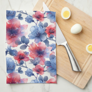 Waterverf rood, blauw bloempje op een wit theedoek