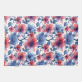 Waterverf rood, blauw bloempje op een wit theedoek (Horizontaal)