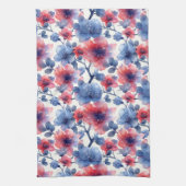 Waterverf rood, blauw bloempje op een wit theedoek (Verticaal)