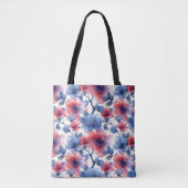 Waterverf rood, blauw bloempje op een wit tote bag (Voorkant)
