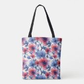 Waterverf rood, blauw bloempje op een wit tote bag (Achterkant)