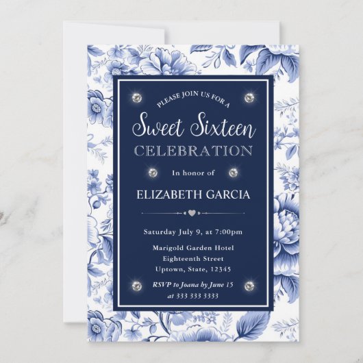 Waterverf Rood Blauw en Gouden Bloemen Sweet 16 Kaart (Voorkant)