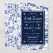 Waterverf Rood Blauw en Gouden Bloemen Sweet 16 Kaart (Voorkant / Achterkant)