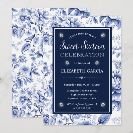 Waterverf Rood Blauw en Gouden Bloemen Sweet 16 Kaart (Voorkant / Achterkant)