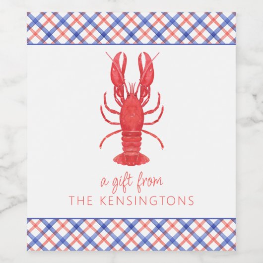 Waterverf Rood & Blauw Plaid Kreeft Gift Enclosure Wijn Etiket (Enkel label)