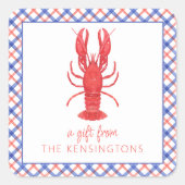 Waterverf Rood & Blauw Plaid Kreeft Gift Vierkante Sticker (Voorkant)