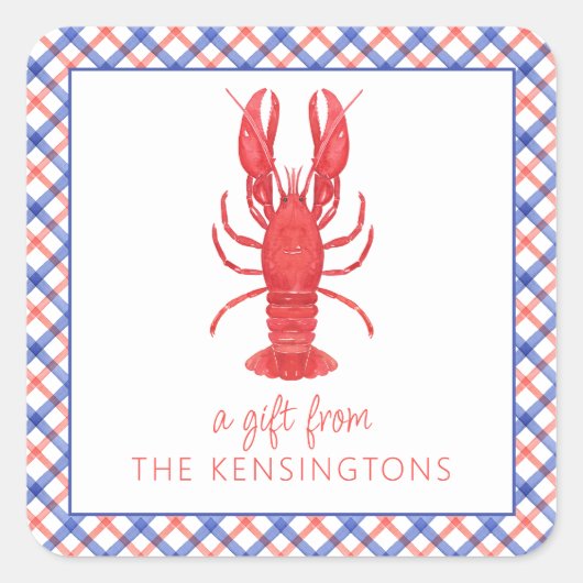Waterverf Rood & Blauw Plaid Kreeft Gift Vierkante Sticker (Voorkant)