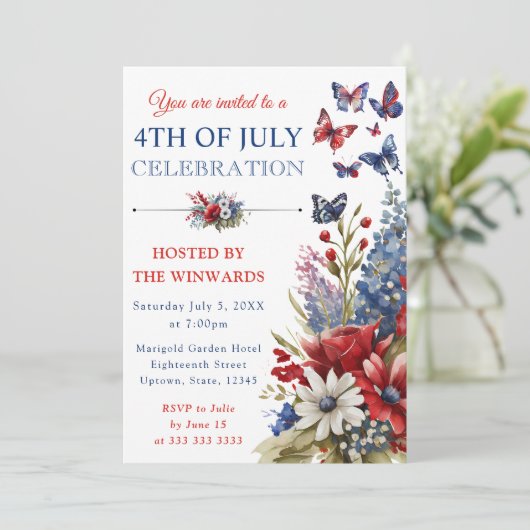 Waterverf Rood, Blauw & Wit Bloemen 4 juli Kaart (Staand voorkant)