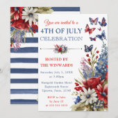 Waterverf Rood, Blauw & Wit Bloemen 4 juli Kaart (Voorkant / Achterkant)