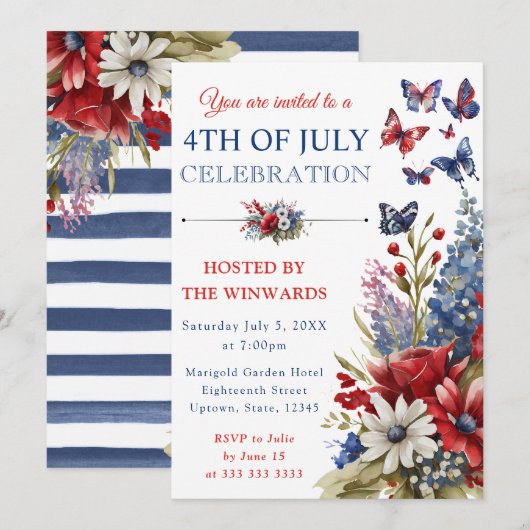 Waterverf Rood, Blauw & Wit Bloemen 4 juli Kaart (Voorkant / Achterkant)