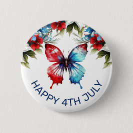 Waterverf Rood, Blauw & Witte Bloemen 4 juli Ronde Button 5,7 Cm