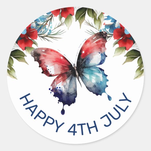 Waterverf Rood, Blauw & Witte Bloemen 4 juli Ronde Sticker (Voorkant)