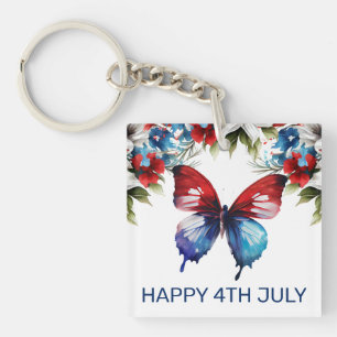 Waterverf Rood, Blauw & Witte Bloemen 4 juli Sleutelhanger