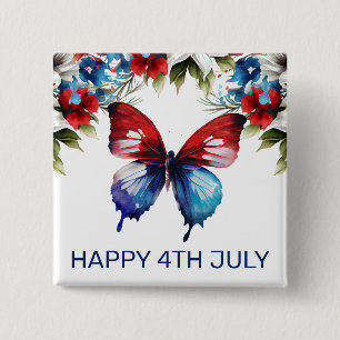 Waterverf Rood, Blauw & Witte Bloemen 4 juli Vierkante Button 5,1 Cm