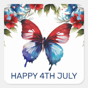Waterverf Rood, Blauw & Witte Bloemen 4 juli Vierkante Sticker