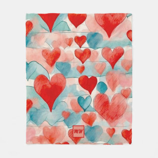 Waterverf rood, blauw, zacht, roze harten monogram fleece deken