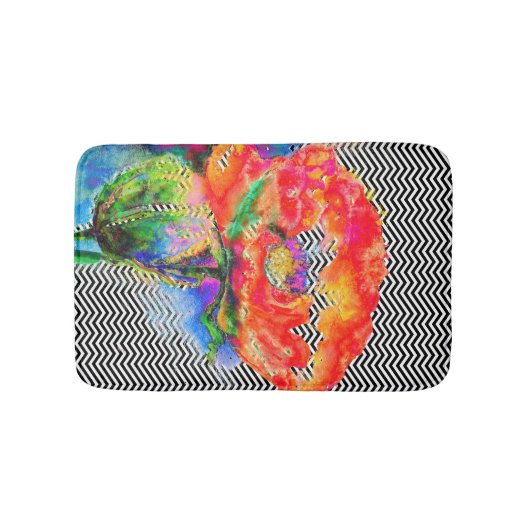 waterverf rood bloemenzwart wit zig zag badmat (Voorkant)