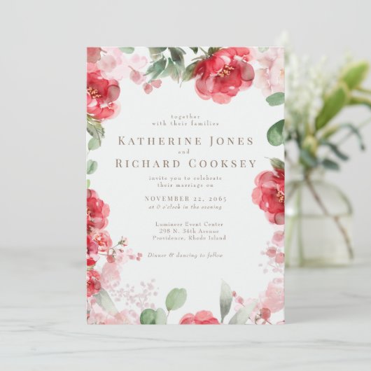Waterverf Rood & Blush Bloemen Elegant Bruiloft Kaart (Staand voorkant)