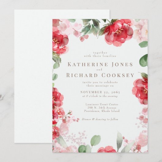 Waterverf Rood & Blush Bloemen Elegant Bruiloft Kaart (Voorkant / Achterkant)