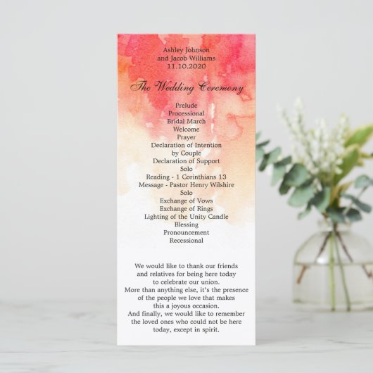Waterverf rood bruiloft programma. Koraal ceremoni Programmakaart (Staand voorkant)