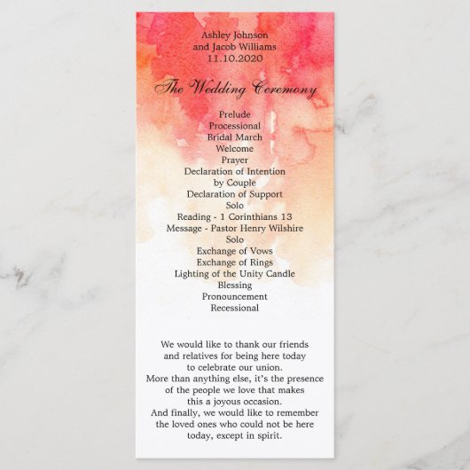 Waterverf rood bruiloft programma. Koraal ceremoni Programmakaart (Voorkant)