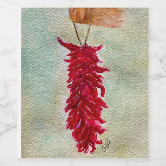 Waterverf Rood Chili Ristra New Mexico Wijn Etiket (Enkel label)