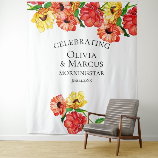 Waterverf rood en geel bloemstuk Foto-achtergrond Wandkleed (In situ)