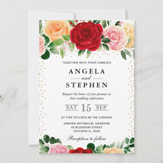 Waterverf Rood en Geel Rozen Bruiloft Kaart (Voorkant)