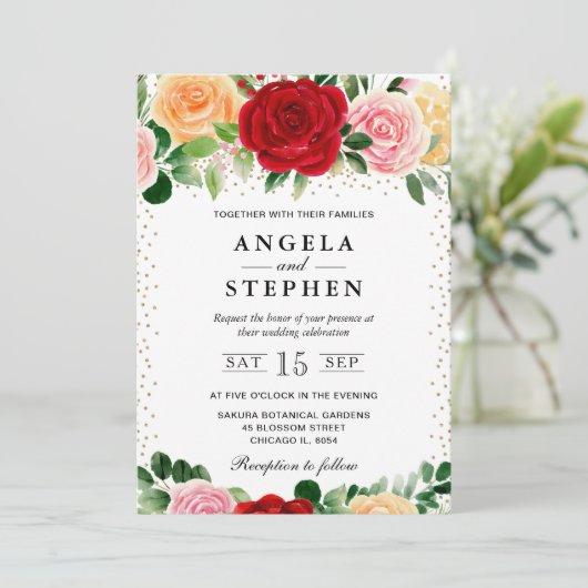 Waterverf Rood en Geel Rozen Bruiloft Kaart (Staand voorkant)