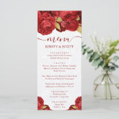 Waterverf Rood en Goud Bloemen Bruiloft Menu (Staand voorkant)