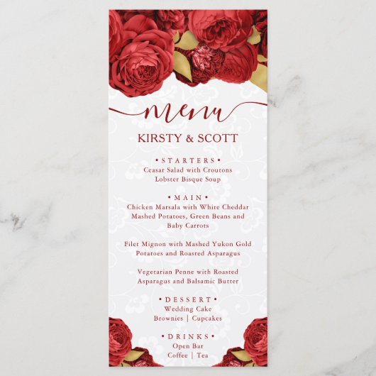Waterverf Rood en Goud Bloemen Bruiloft Menu (Voorkant)