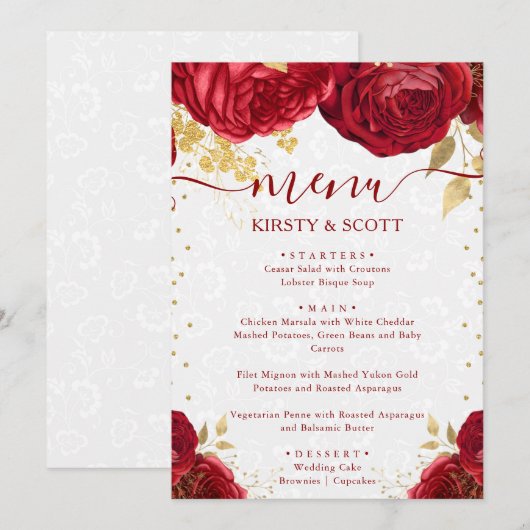 Waterverf Rood en Goud Bloemen Bruiloft Menu (Voorkant / Achterkant)