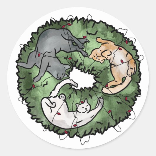 Waterverf rood en groen Cat Christmas Ronde Sticker (Voorkant)