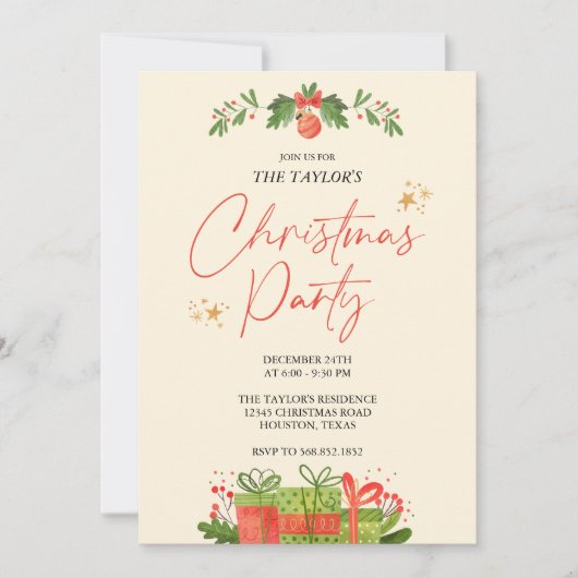 Waterverf Rood en Groen Kerstmis Diner Feest Kaart (Voorkant)