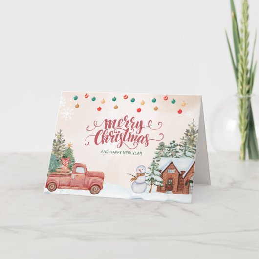 Waterverf rood en groen vrolijk kerstfeest kaart (Voorkant)