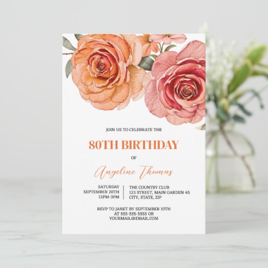 Waterverf Rood En Oranje Roos Bloemige Verjaardag Kaart (Staand voorkant)