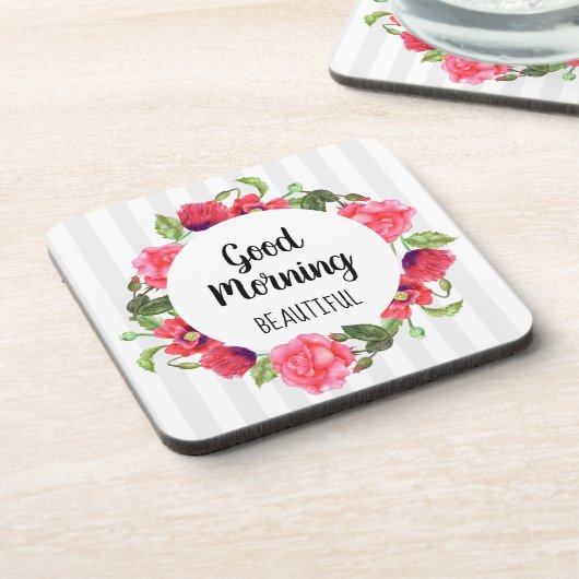 Waterverf Rood en roze bloemen cirkelvormig ontwer Bier Onderzetter (Linkerzijde)