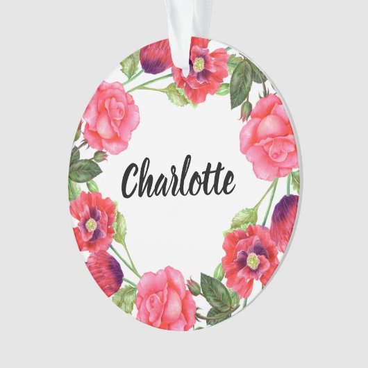Waterverf Rood en roze bloemen cirkelvormig ontwer Ornament (voorkant)