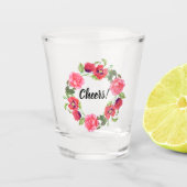 Waterverf Rood en roze bloemen cirkelvormig ontwer Shot Glas (Voorkant)