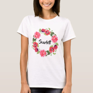 Waterverf Rood en roze bloemen cirkelvormig ontwer T-shirt