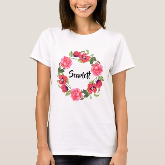 Waterverf Rood en roze bloemen cirkelvormig ontwer T-shirt (Voorkant)