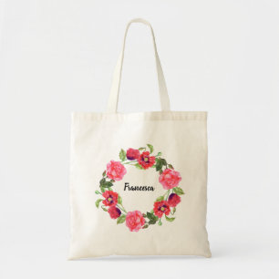 Waterverf Rood en roze bloemen cirkelvormig ontwer Tote Bag