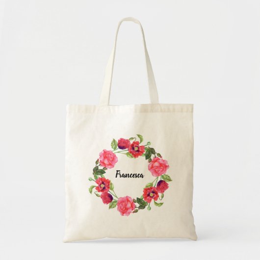Waterverf Rood en roze bloemen cirkelvormig ontwer Tote Bag (Voorkant)