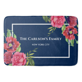 Waterverf Rood en Roze Bloemen Donkerblauw Badmat